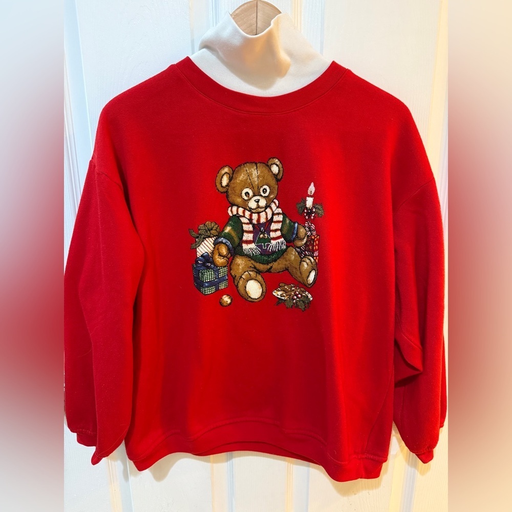 Vintage Basic Editions Red Sweatshirt Christmas Holiday Teddy Bear Mock Turtle